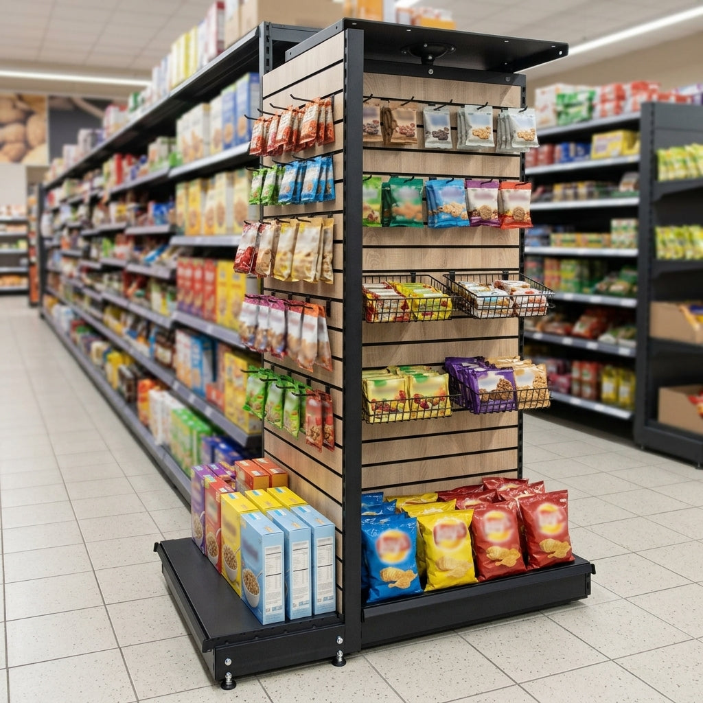 1.8m Wood Effect End Bay Display with Colour Insert – 500–1000mm