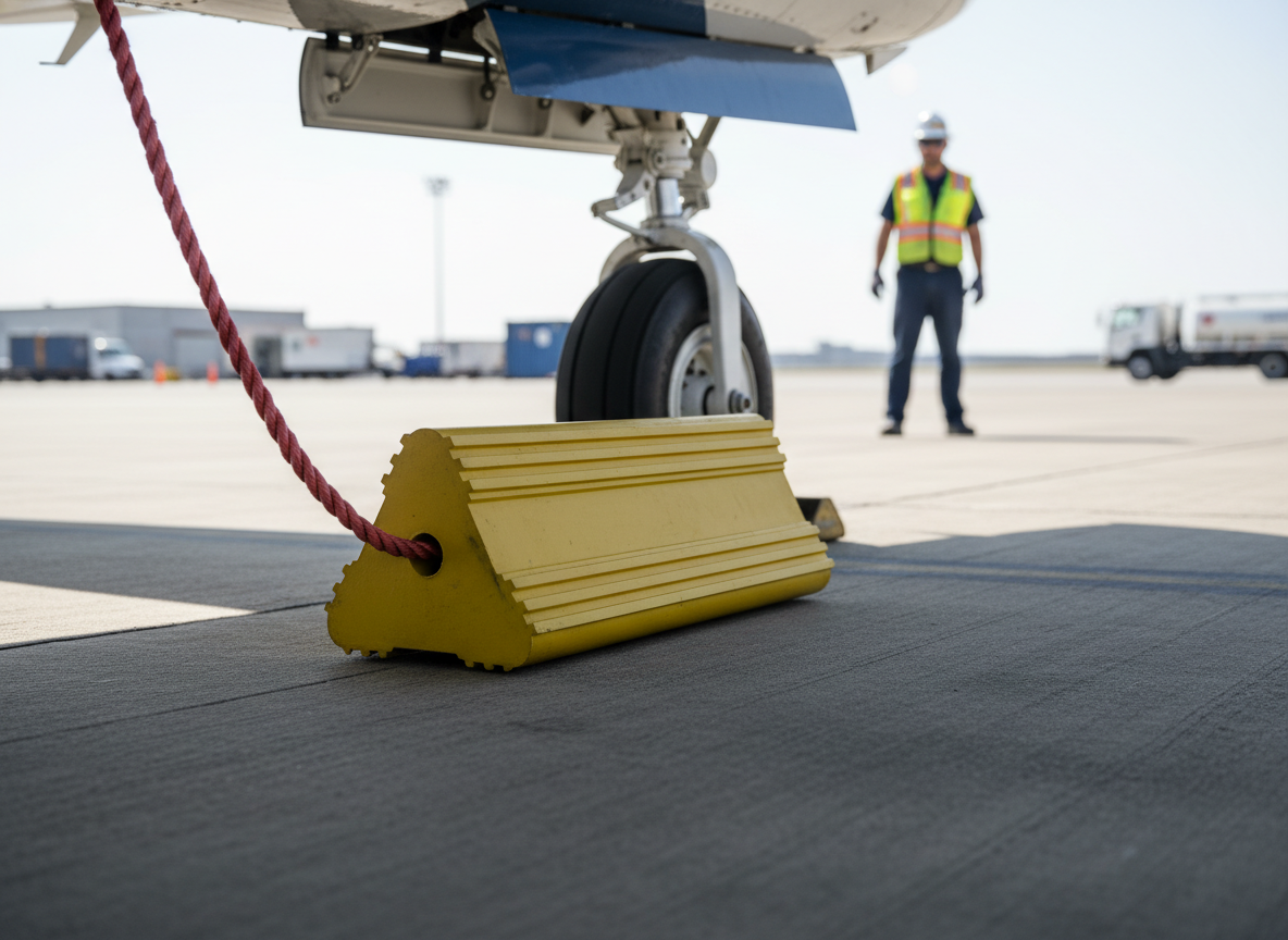 Premium Heavy Duty Aircraft Wheel Chock 75mm x 160mm x 333mm with Reflective Tape and Carrying Rope