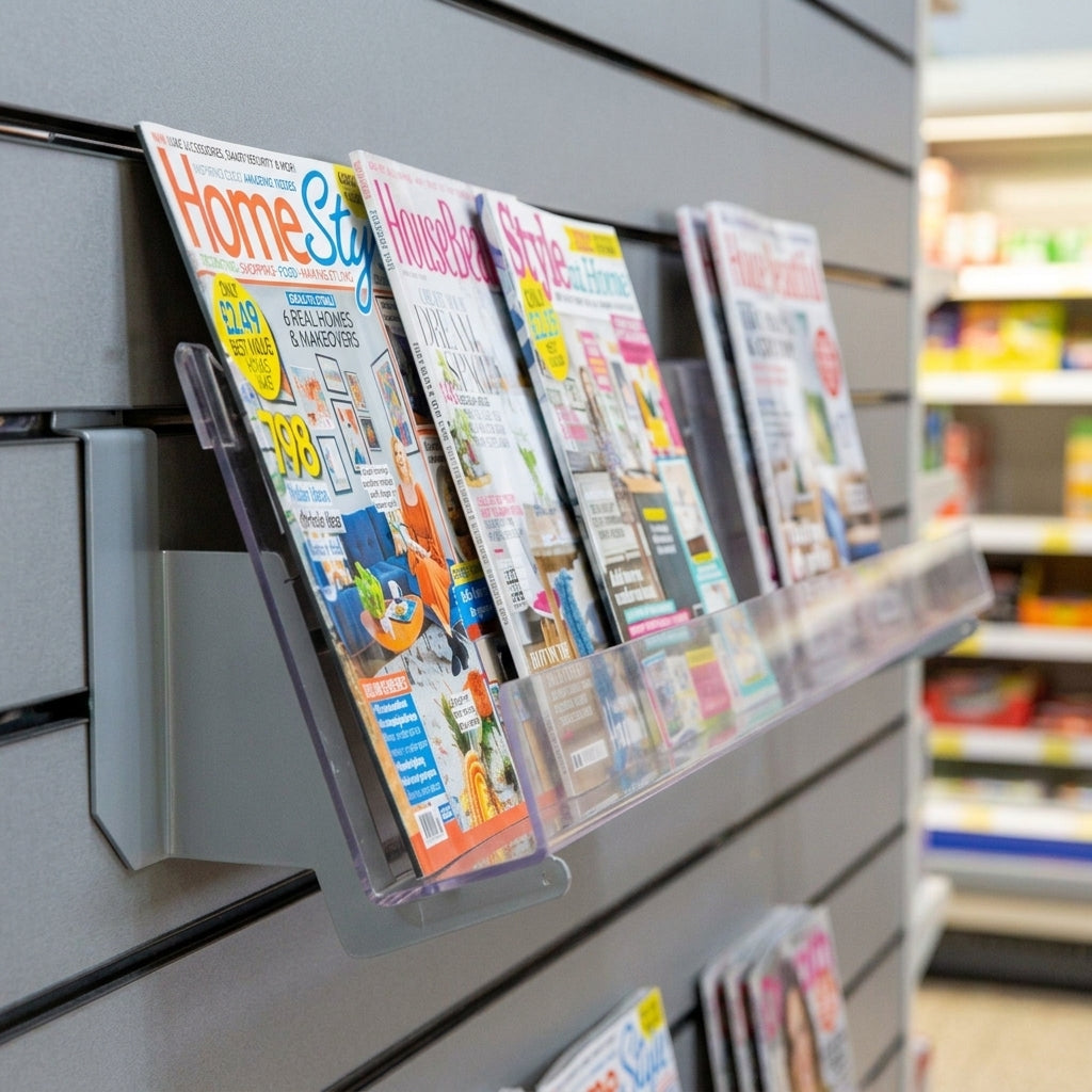 Clear Acrylic Magazine Shelf for Slatwall – 1 Tier (view 2)