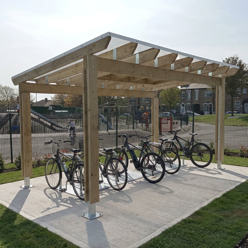 4.15m x 3m timber cycle shelter with polycarbonate roof
