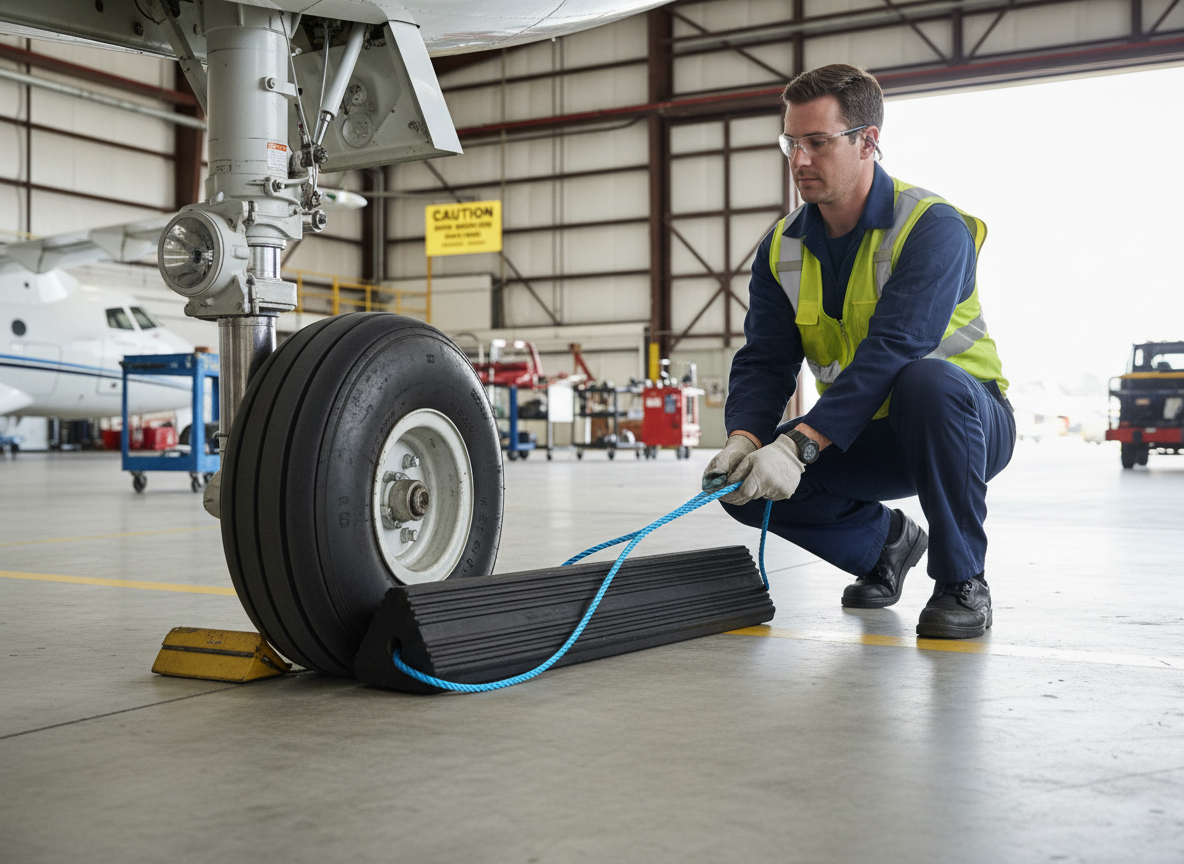 Premium Heavy Duty Rubber Aircraft Wheel Chock with Blue Rope and Optional Chain - Dimensions 170 x 155 x 1000 mm