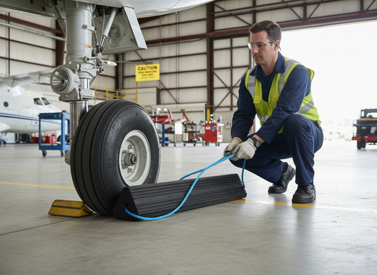 Premium Heavy Duty Rubber Aircraft Wheel Chock with Blue Rope and Optional Chain - Dimensions 170 x 155 x 1000 mm