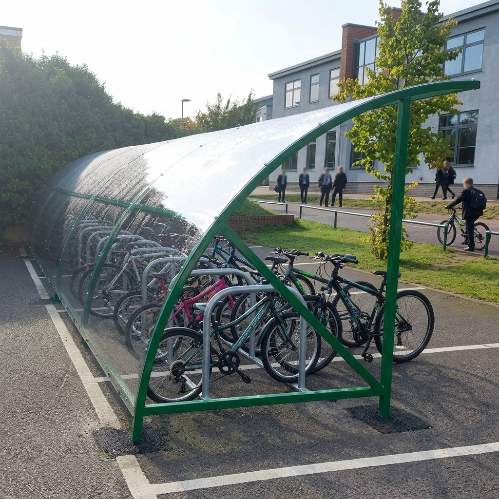 14-space cycle shelter, steel frame, PetG roof