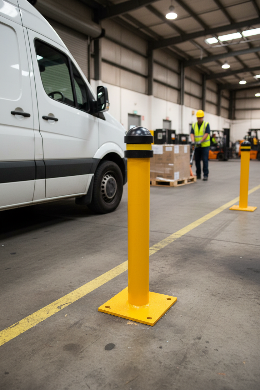 Premium Heavy-Duty Bollard with Reflective Tape and Moulded Rubber Cap, Dimensions 89 x 600 mm, Yellow Finish