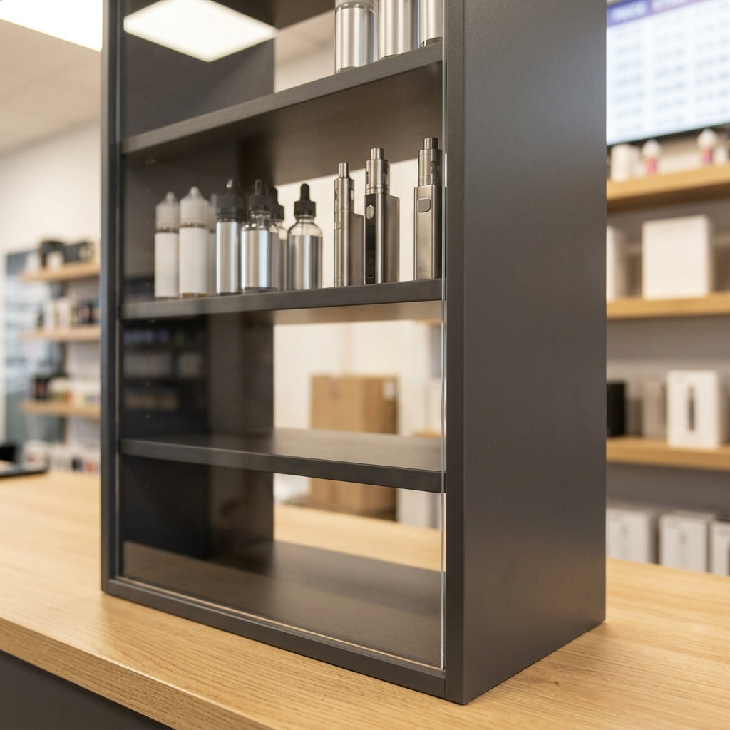 Open-backed countertop vape display with acrylic front, 300mm depth (view 2)