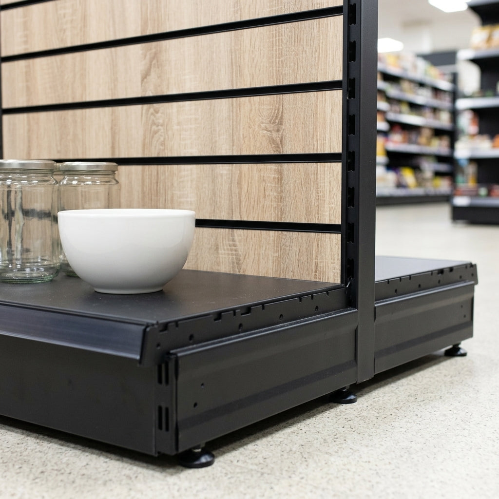 2.4m Wood Effect Wall Bay Display with 470mm Base Shelf (view 2)