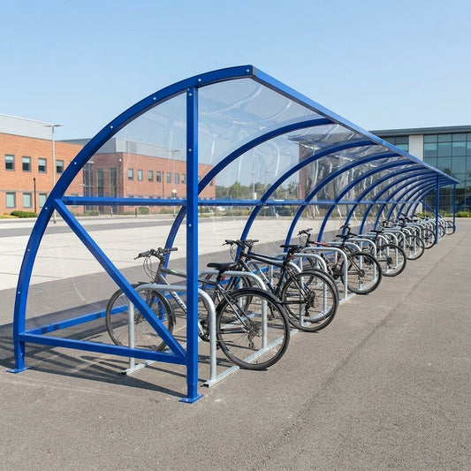 18.3m x 2.1m cycle shelter, steel strongbox frame