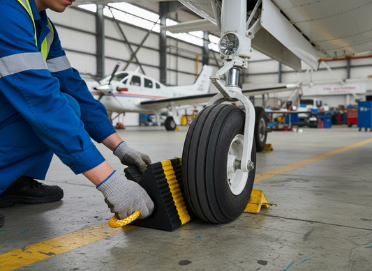 Premium Heavy Duty Aircraft Wheel Chock with Steel Handle, 170mm x 150mm x 350mm Dimensions and 8kg Weight for Safe Aircraft Parking