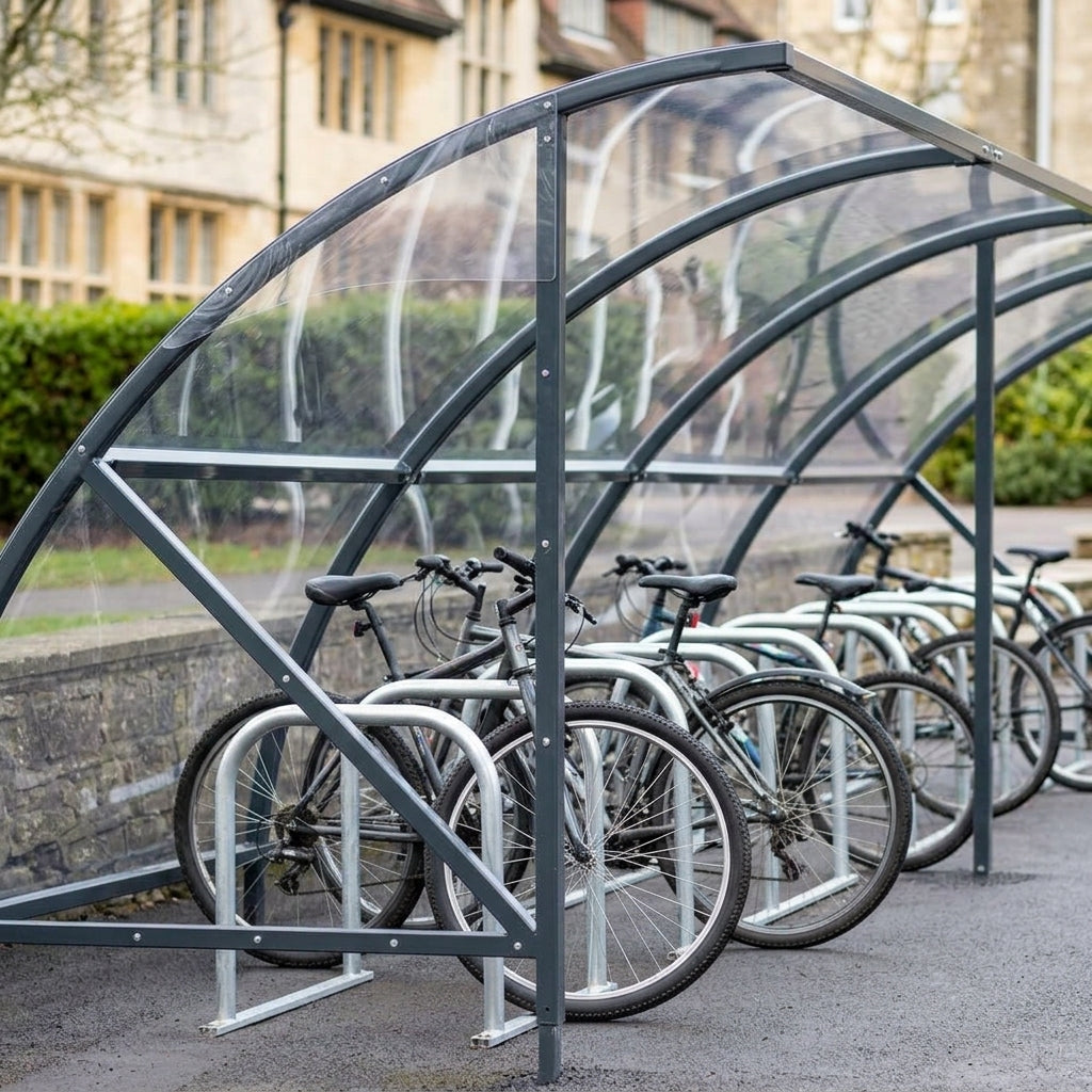 30-space cycle shelter, steel frame, UV2 PetG roof (view 2)