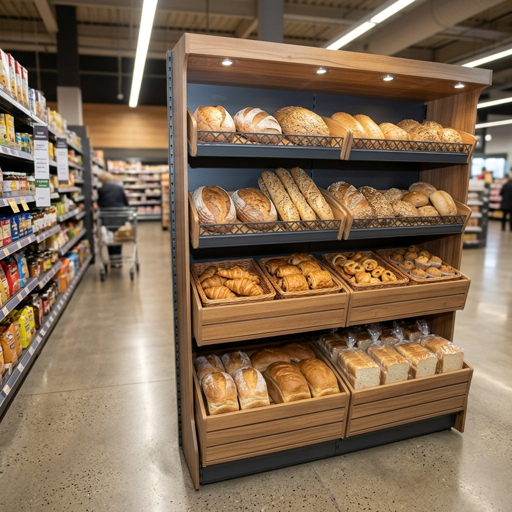 Wooden wall-mounted bakery display shelving – 665–2000mm widths