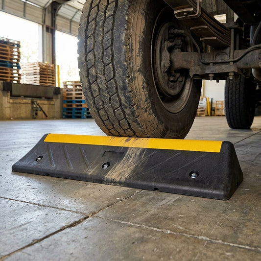 Heavy Duty Recycled HGV Wheel Stop with Yellow Safety Band