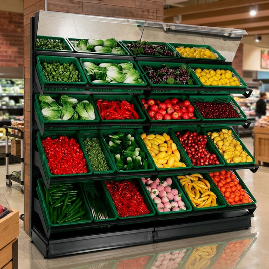 4-Tier Wall Produce Display Shelving Unit – 665–1250mm widths