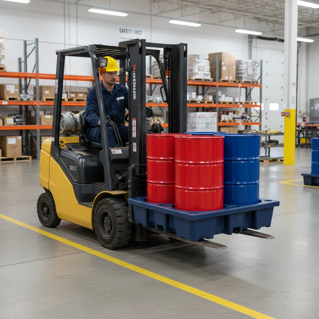 (Clearance) Dark Blue Plastic 4 Drum Spill Pallet With 4-Way Forklift Entry  - BP4FW ||To Hold 4 Drums