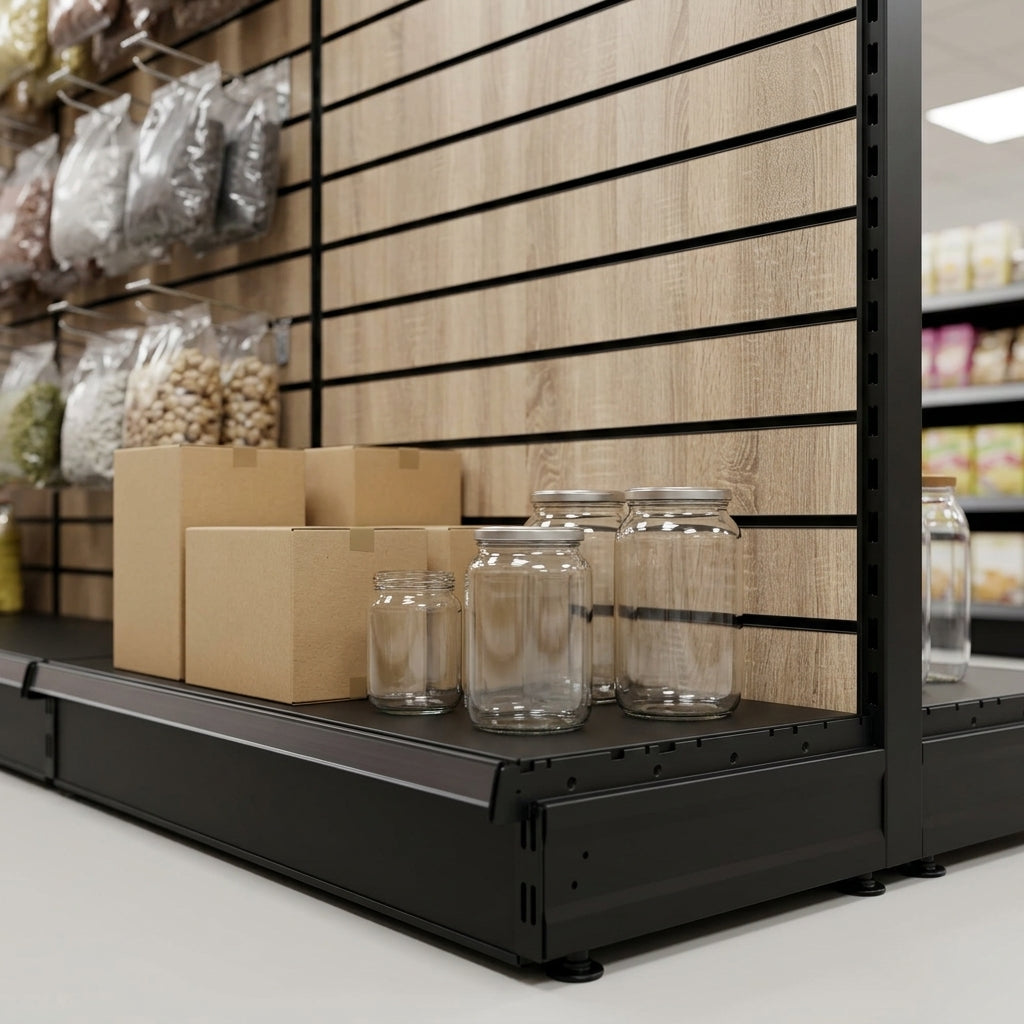 1.8m Wood Effect Wall Bay Display – 470mm Base Shelf (view 2)