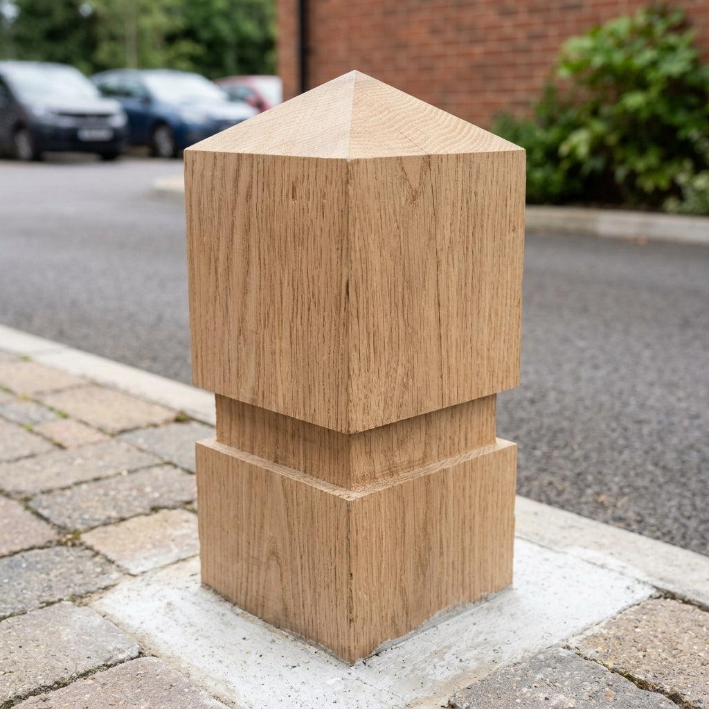 Solid oak timber bollard with pyramid top, 900–1500mm (view 2)