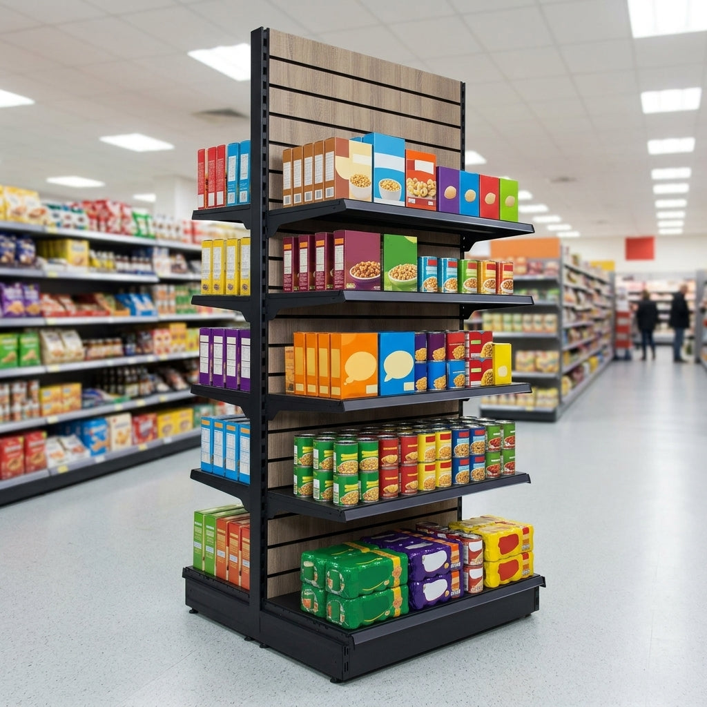 1.8m Wood Effect Double-Sided Gondola Display Bay, 570mm Base
