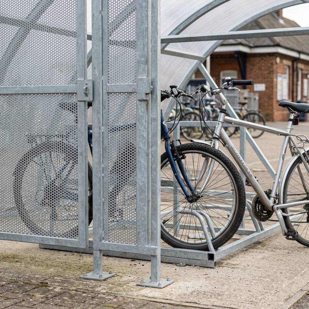 Gated cycle shelter with rack, galvanised steel, 4–14 capacity (view 2)