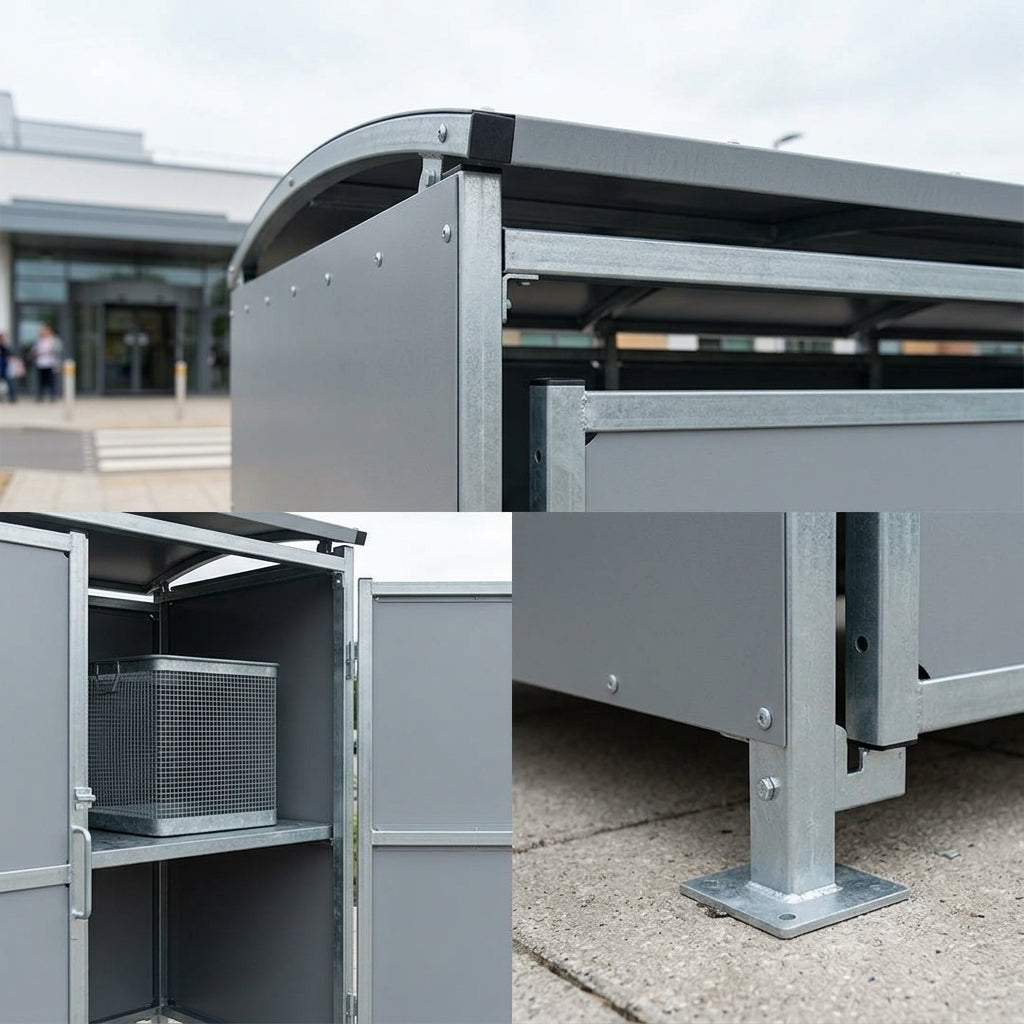 2m wide galvanised steel storage shelter with lockable gates (view 2)