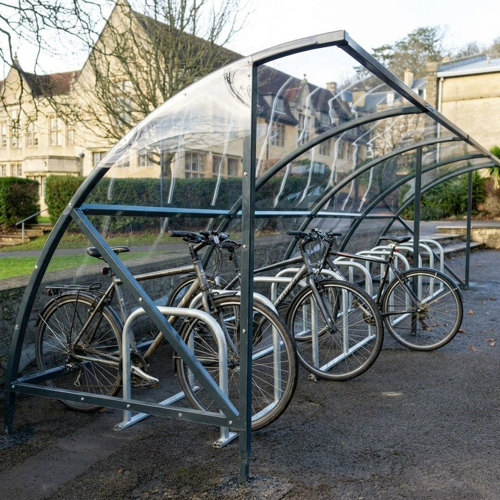 20-space cycle shelter, steel frame, UV2 PetG roof