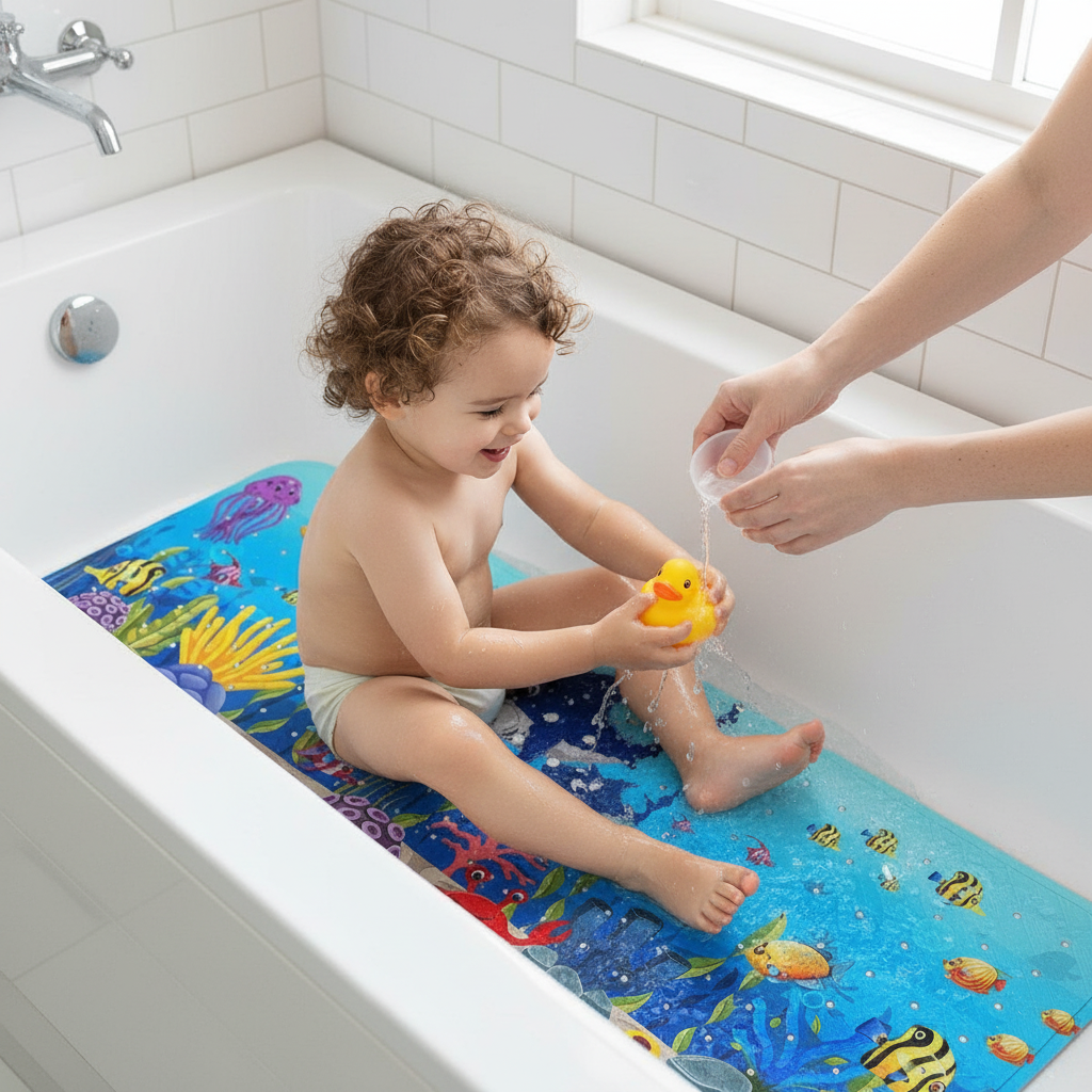 Premium Extra Large Non-Slip Kids Bath Mat with Ocean Theme, Suction Cups, and Efficient Drainage System - Machine Washable for Safety