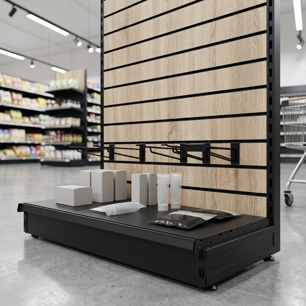1.8m Wood Effect Wall Bay Display 300mm Base Shelf (view 2)