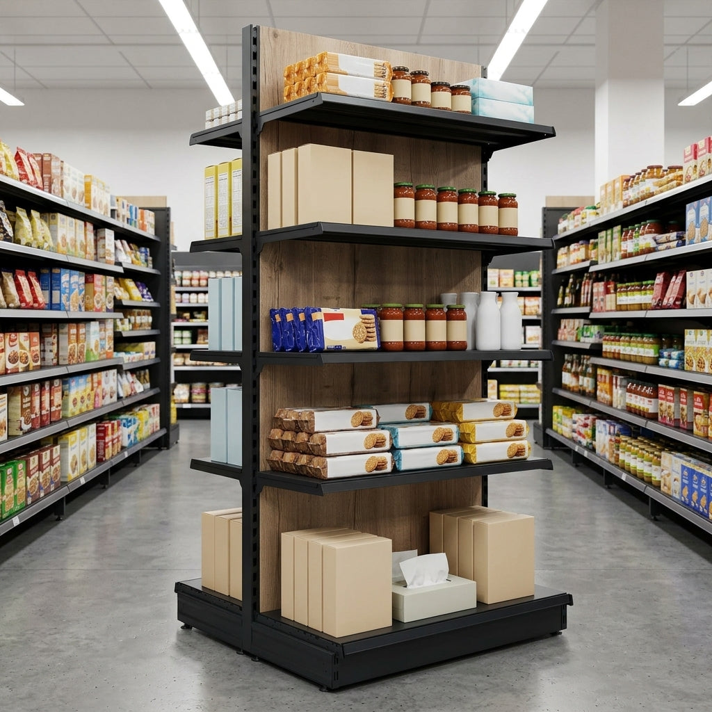 2.1m High Double-Sided Gondola Shelving Bay, Wood-Effect Finish