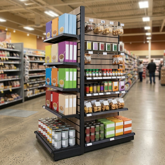 2.4m Wood Effect End Bay Display with 570mm Base Shelf