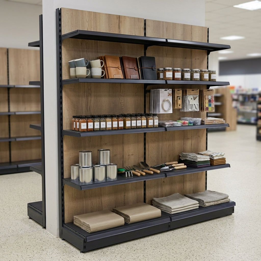1.8m High Wood Effect Wall Bay Shelving – 300mm Base, Adjustable Uppers