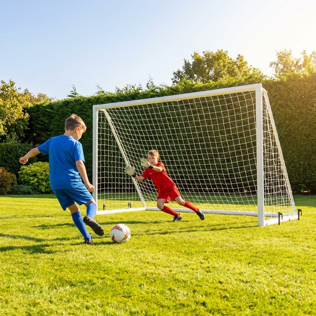 8ft x 6ft white football goal post with durable uPVC frame for garden play